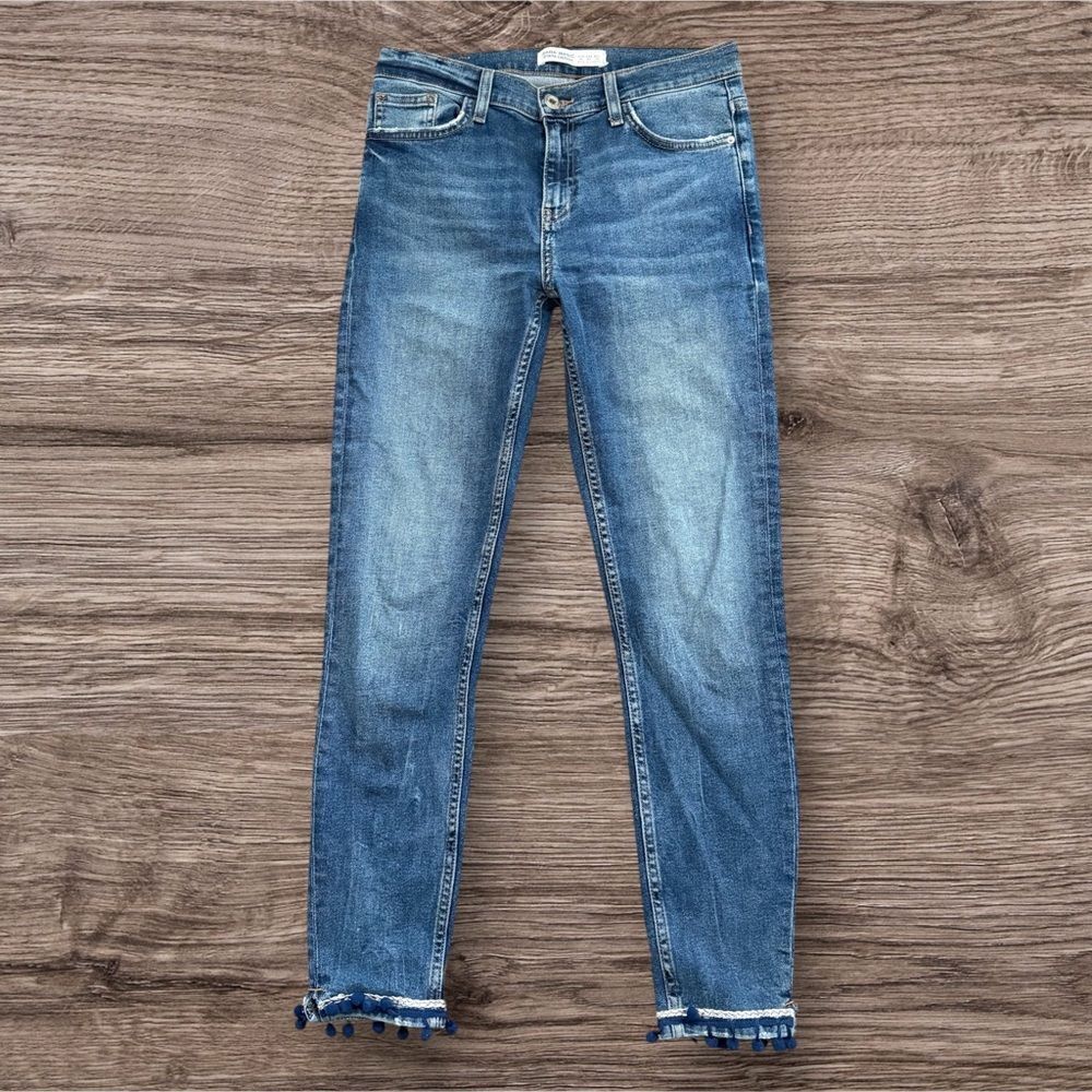 Zara Z1975 Skinny Jeans Size 4 Blue Distressed Frayed Hem Pom Pom Rare Boho